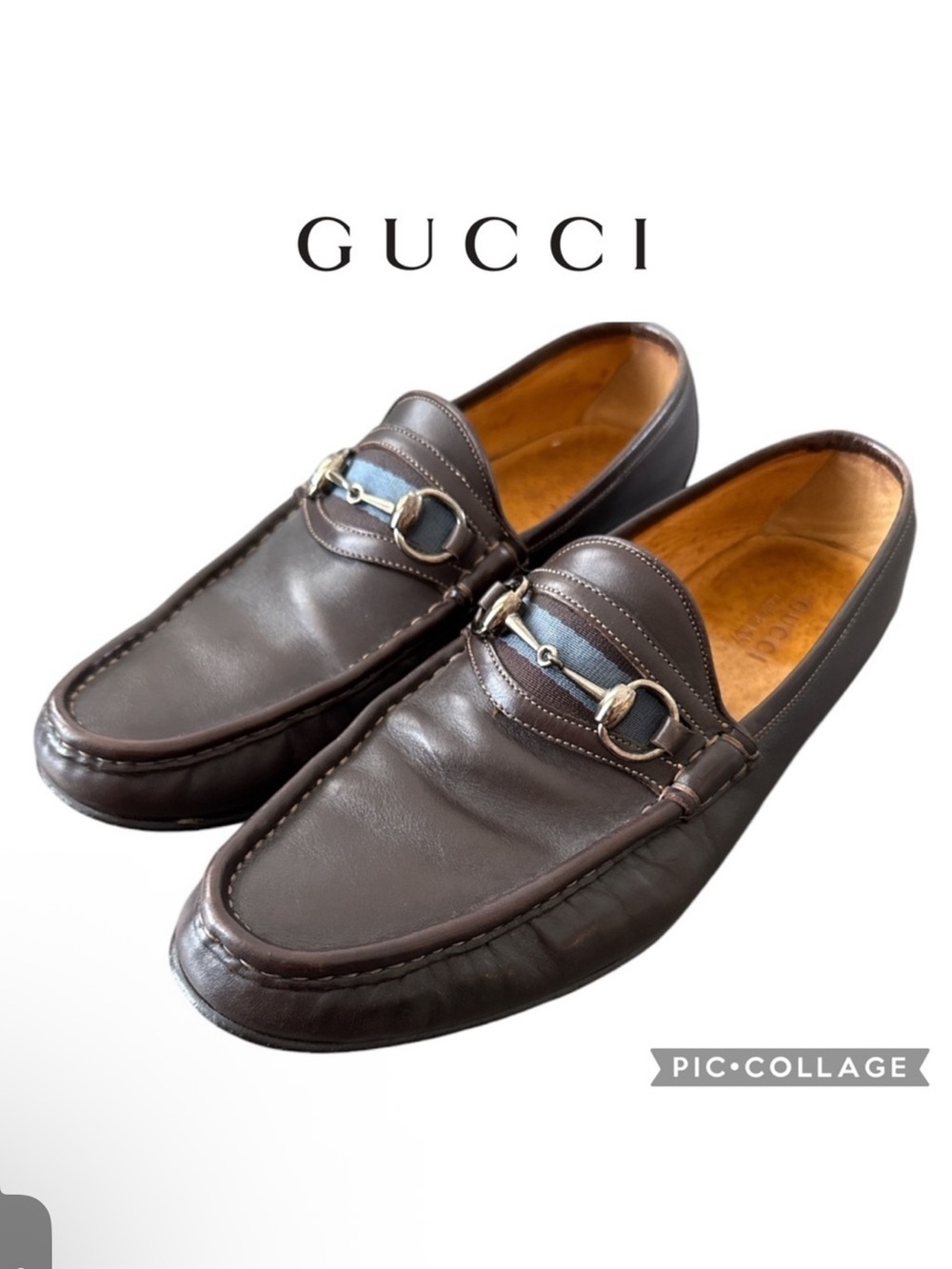 Gucci Brown Leather Horsebit Stripe Loafers shoes size 10.5